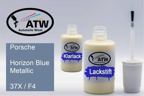 Porsche, Horizon Blue Metallic, 37X / F4: 20ml Lackstift + 20ml Klarlack - Set, von ATW Autoteile West.